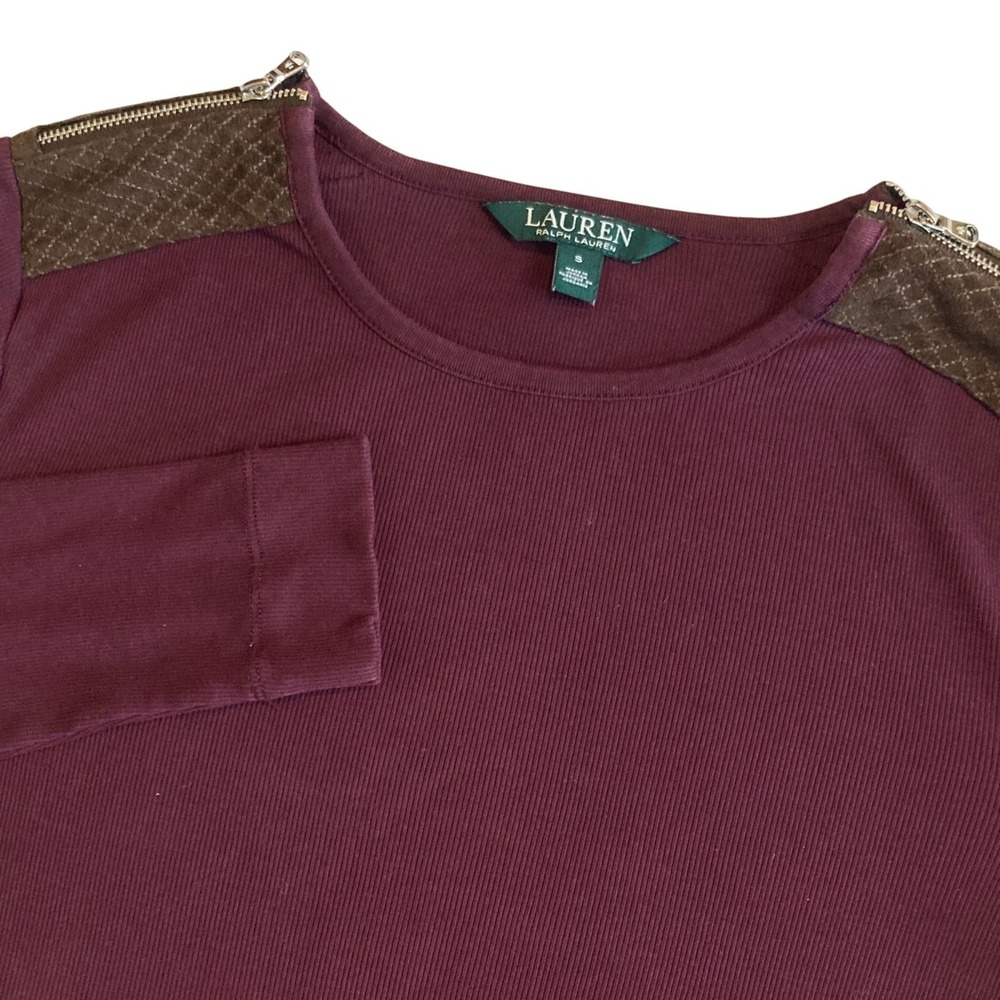 Lauren Ralph Lauren Top Small‎ Burgundy Ribbed Top Faux Suede Shoulder Zipper